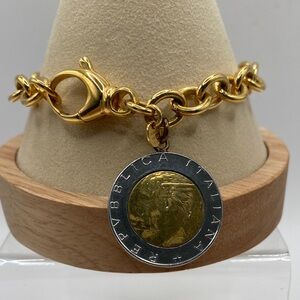 Rare Vintage Milor Yellow Bronze Rolo Link 500 Lire Coin Charm Bracelet